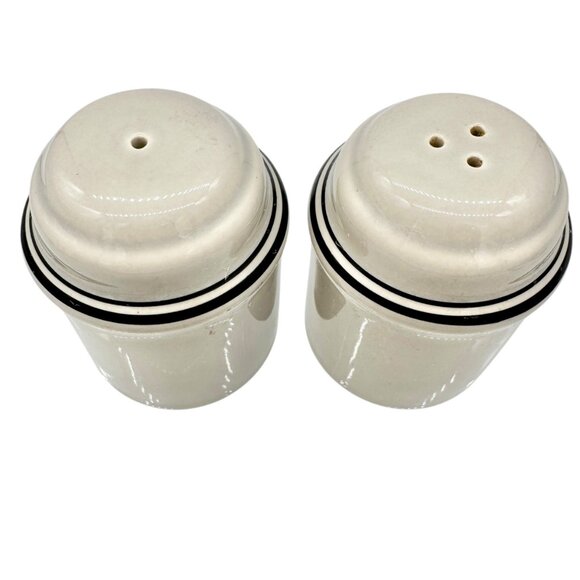 Vintage Art Deco Ceramic Salt and Pepper Shakers Gray w Black Stripes Lettering - Picture 3 of 6